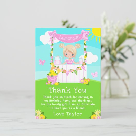 ピンクのレモネードスタンドの誕生日金髪の女の子 サンキューカード (スタンド正面)