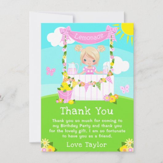 ピンクのレモネードスタンドの誕生日金髪の女の子 サンキューカード (正面)