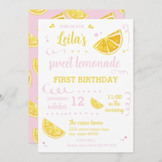 ピンクのレモネード夏の最初の誕生日パーティダウンロード 招待状 (正面/裏面)