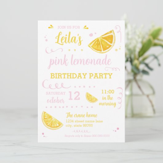 ピンクのレモネード夏の誕生日パーティダウンロード 招待状 (スタンド正面)