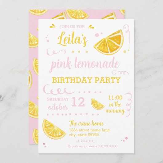 ピンクのレモネード夏の誕生日パーティダウンロード 招待状 (正面/裏面)