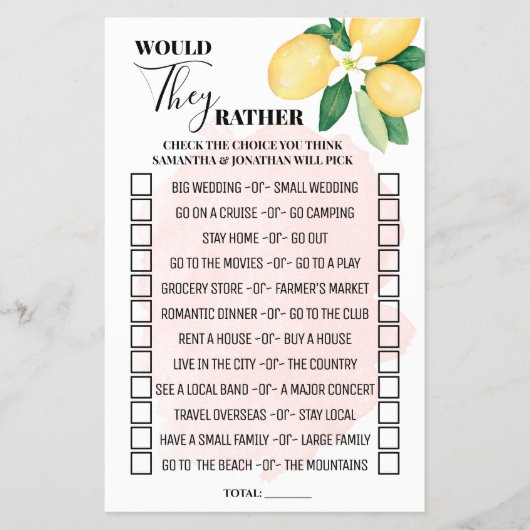 ピンクのレモンは彼らはむしろゲームカードをシャワーするだろう チラシ (正面)