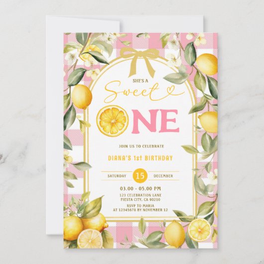 ピンクのレモンギンガムスイートワン 1歳の誕生日 招待状 (正面)