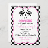 ピンクのレーシングカーバースデー招待状 招待状 (正面/裏面)