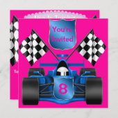 ピンクのレーシングカーパーティー招待状 招待状 (正面/裏面)