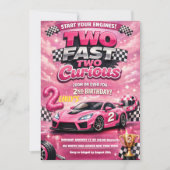 ピンクのレーシングカー Two Fast Two Curious 2歳の誕生日 招待状 (正面)