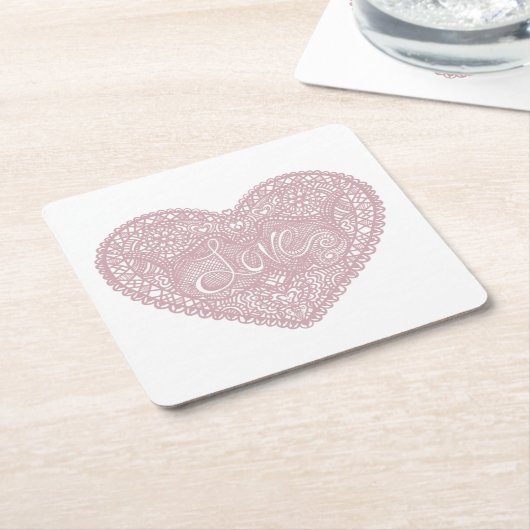ピンクのレースのラブハート スクエアペーパーコースター (アングル)