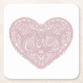 ピンクのレースのラブハート スクエアペーパーコースター (正面)