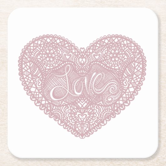 ピンクのレースのラブハート スクエアペーパーコースター (正面)