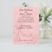 ピンクのレースの招待状に描かれた花嫁と花婿のシルエット 招待状 (スタンド正面)