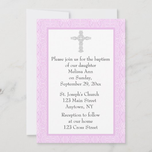 ピンクのレースの洗礼・キリスト洗礼 招待状 (正面)