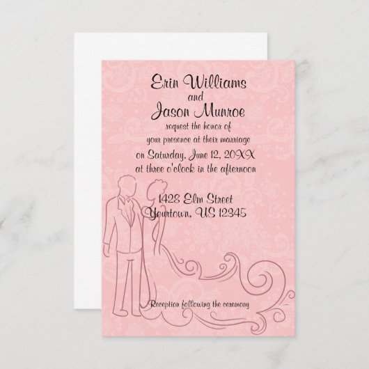ピンクのレースの花嫁と花婿のアウトライン招待状 招待状 (正面/裏面)