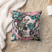 ピンクのレースの蝶ばら色のスカル クッション (ブランケット)