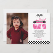 ピンクのレースカーカスタムの写真の誕生日パーティー サンキューカード (正面)