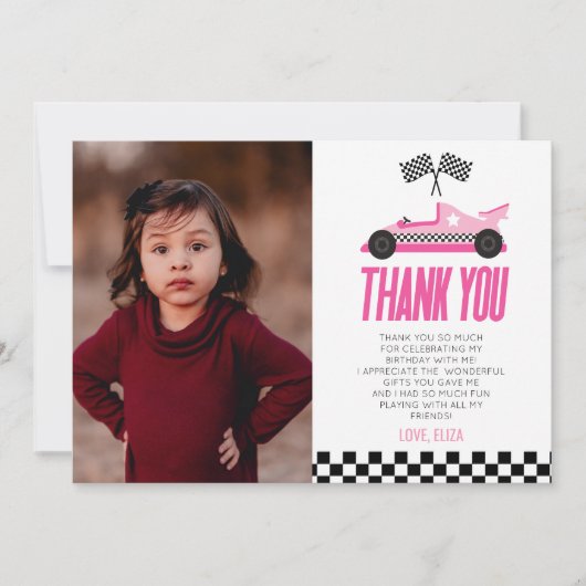 ピンクのレースカーカスタムの写真の誕生日パーティー サンキューカード (正面)