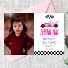 ピンクのレースカーカスタムの写真の誕生日パーティー サンキューカード