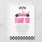 ピンクのレースカーベビーシャワー サンキューカード (正面)