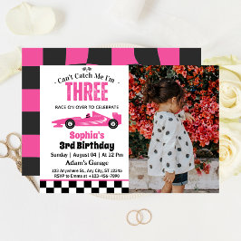 ピンクのレースカー女子の3歳の誕生日 招待状
