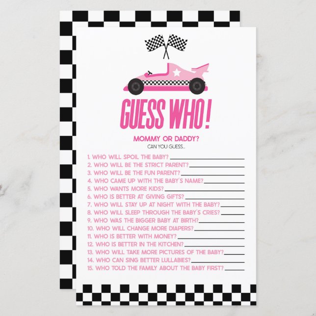 ピンクのレースカー推測誰が赤ちゃんシャワーゲーム (正面/裏面)