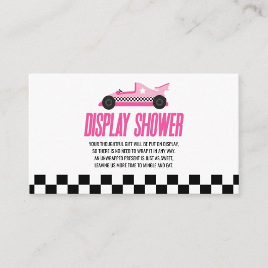 ピンクのレースカー赤ちゃんシャワー表示シャワー エンクロージャーカード (正面)