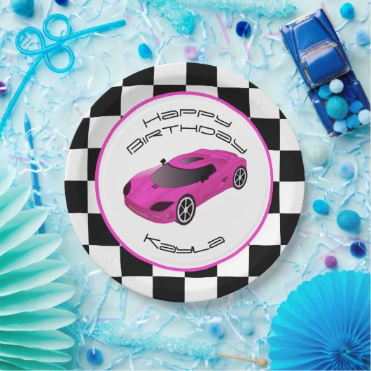 ピンクのレースカー |カスタム誕生パーティー ペーパープレート (パーティー)