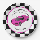 ピンクのレースカー |カスタム誕生パーティー ペーパープレート (正面)