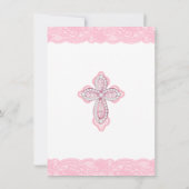 ピンクのレースダイヤモンドクロス フォト 洗礼 誕生 招待状 (裏面)