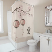 ピンクのレース提灯と花「愛」 シャワーカーテン (インサイチュ)