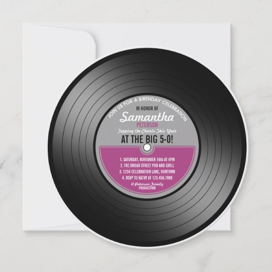ピンクのレーベルのビニールレコード誕生日50歳の誕生会 招待状 (正面)