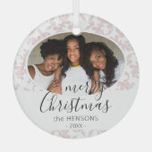 ピンクのロココメリークリスマススクリプト写真 ガラスオーナメント (正面)
