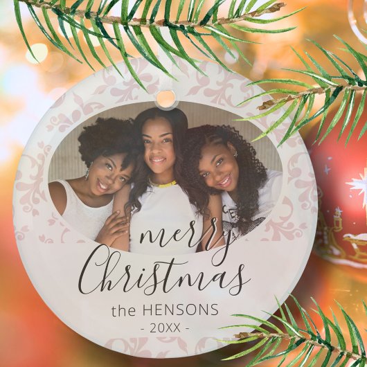 ピンクのロココメリークリスマススクリプト写真 ガラスオーナメント