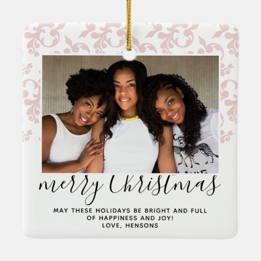 ピンクのロココメリークリスマススクリプト写真 セラミックオーナメント (裏面)