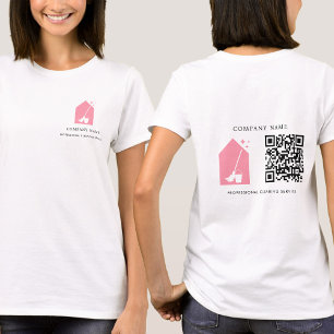 ピンクのロゴとQRコードのホワイトクリーニングサービスデザイン Tシャツ