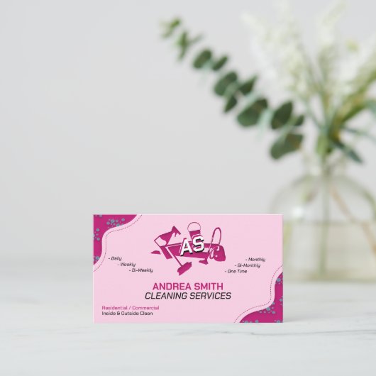 ピンクのロゴクリーニングサービスかわいいガーリープロフェッショナル 名刺 (スタンド正面)
