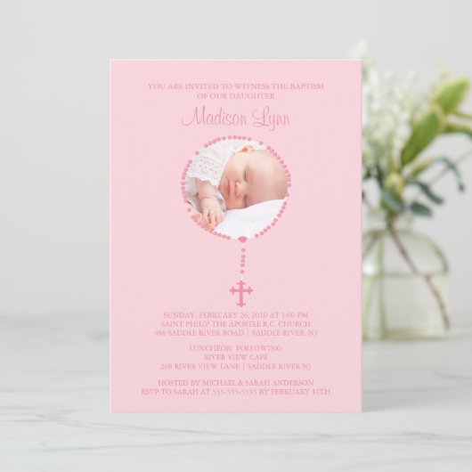 ピンクのロザリオのクロス写真バプテスマの招待少女 招待状 (スタンド正面)