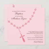 ピンクのロザリオビーズの赤ちゃん女の子の洗礼招待状 招待状 (正面/裏面)