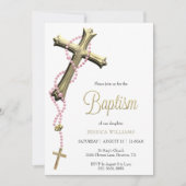 ピンクのロザリ飾ー金ゴールドクロスバプテスマ 招待状 (正面)