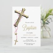 ピンクのロザリ飾ー金ゴールドクロスバプテスマ 招待状 (スタンド正面)