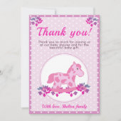 ピンクのロッキングホースドットベビーガールシャワー サンキューカード (正面)