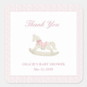 ピンクのロッキングホース女の子の赤ちゃんシャワーありがとう スクエアシール (正面)