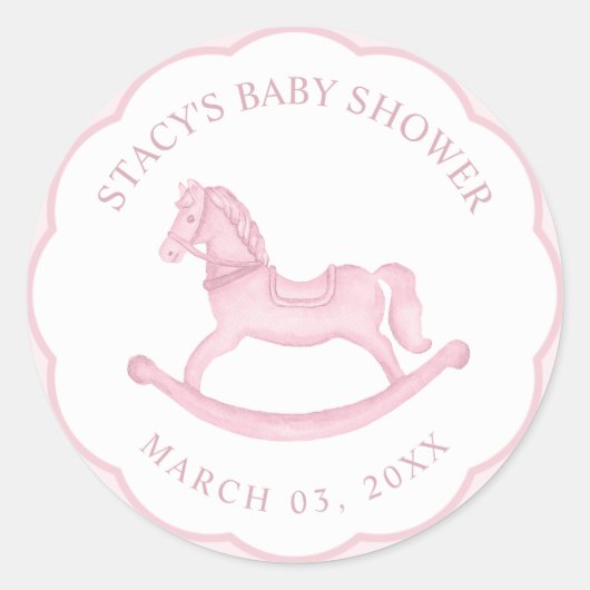 ピンクのロッキングホース女の子の赤ちゃんシャワー好意ステッカー ラウンドシール (正面)