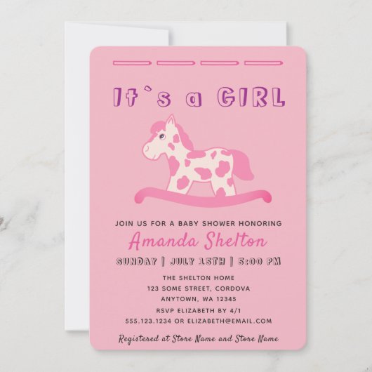 ピンクのロッキングホース赤ちゃんガールシャワー招待状 招待状 (正面)