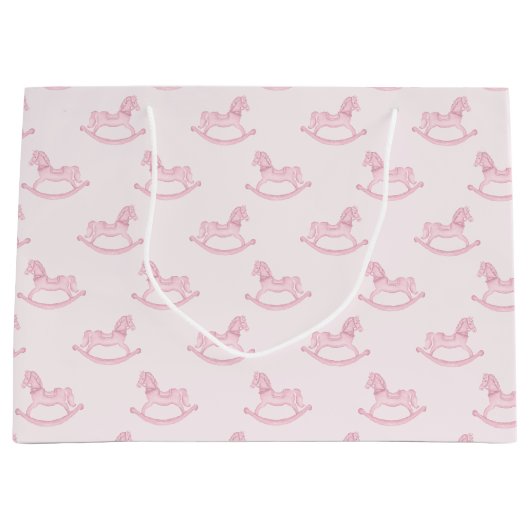 ピンクのロッキング馬のパターン女の子の赤ちゃんシャワー ラージペーパーバッグ (正面)