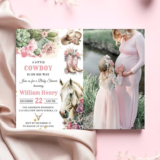 ピンクのロデオ ウェスタンカウボー ベビーシャワー 招待状