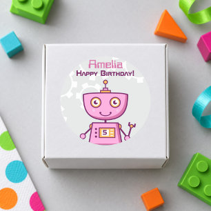ピンクのロボットガールズ ハッピーバースデー ラウンドシール