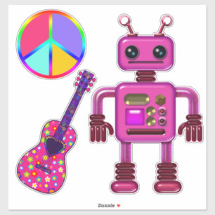 ピンクのロボットギターと平和サインかわいい シール