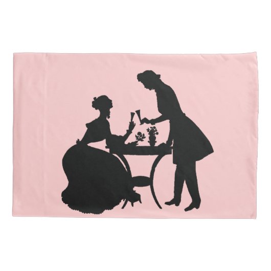 ピンクのロマンチックなカップルのワインに黒のシルエット 枕カバー (裏面-左)