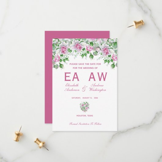 ピンクのロマンチックなバラのウェディング セーブザデート (正面/裏面インサイチュ)