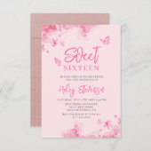 ピンクのロマンチックなフローラの水色フォトスイート16 招待状 (正面/裏面)