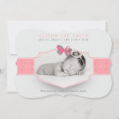 ピンクのロマンチックなレース誕生のお知らせ 案内状 (正面)